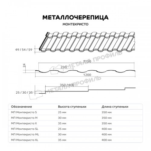 Металлочерепица МеталлПрофиль МЕТАЛЛ ПРОФИЛЬ Монтекристо-X (MattMP-20-8017-0.5)
