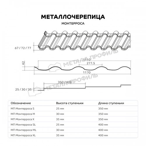 Металлочерепица МеталлПрофиль МП Монтерроса-ML (КЛМА-02-Anticato-0.5)